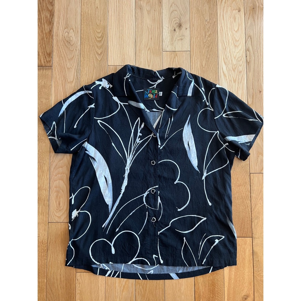 Jams World Button Up Short Sleeve Collared Black White Floral Shirt Womens S